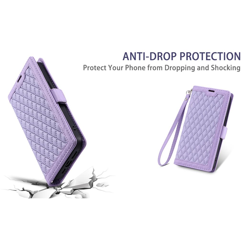For Motorola Moto G56 5G Leather Case Rhombus Texture Wallet Stand Phone Cover with Wrist Strap