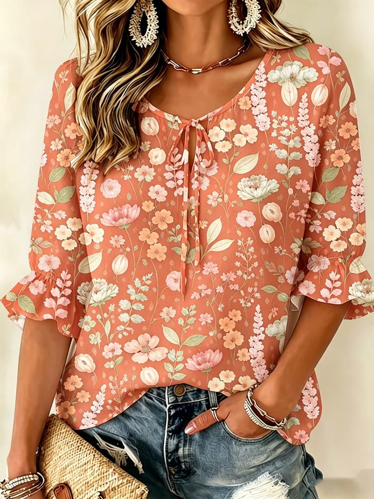 Women Round Neck Tie 3/4 Ruffle Sleeve Blouse, Mixed Shapes Tiny Floral Print, Versatile Top for Home & Commute
