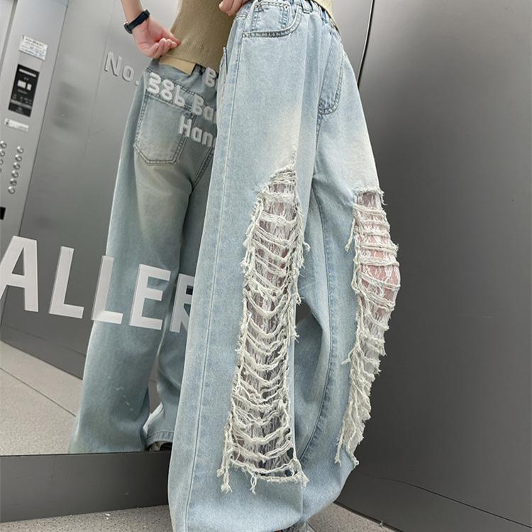 Girls' Ripped Jeans Children's Fashionable Lace Wide Leg Pants Summer Pants
