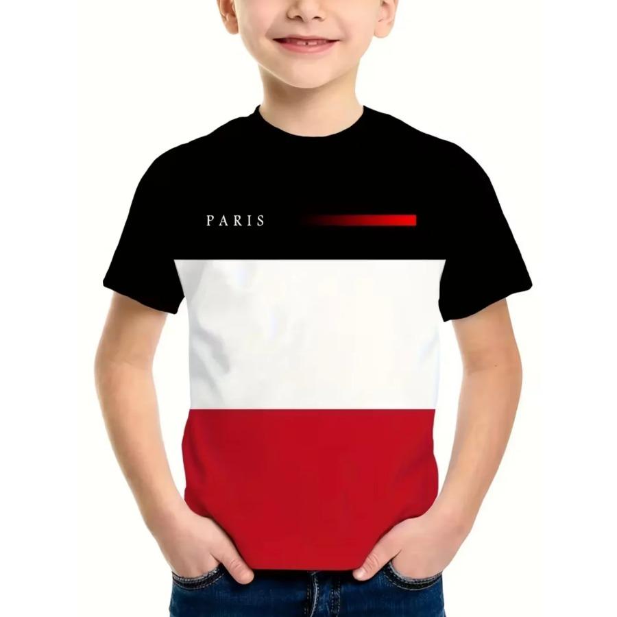 Boys' T-Shirt Simple Paris Letter Print Summer Short Sleeve Tees Loose Fashion Round Neck Tops Stripe Streetwear Kids Clothing