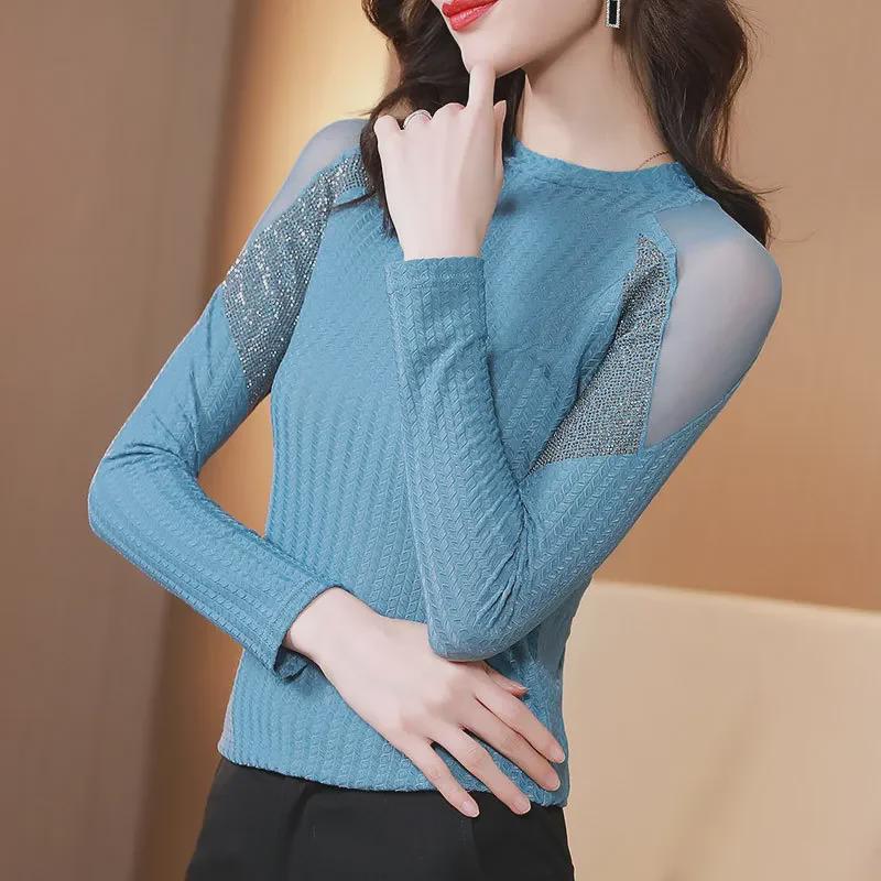 Top cu mâneci lungi din tricot plasă pentru femei Aiyimaiyi, gât rotund - Toamnă/Iarnă 2023