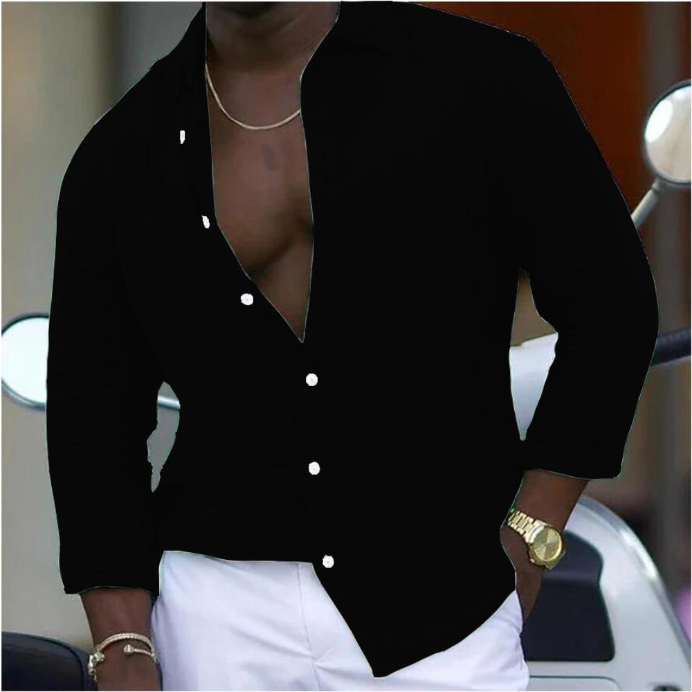 New Cotton-linen Blend Men's Long-sleeved Shirt Solid-colour Casual Collared Shirt
