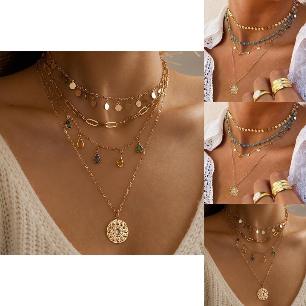 Unique Necklace Multilayered With Alloy Geometric Shapes And Eyecatching Turquoise Beads