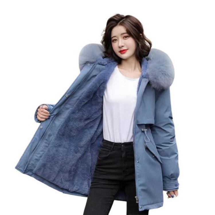 Winter Women Coat Furry Hood Thickened Plush Mid Length Jacket Long Sleeves Elastic Waist Windproof Pockets Zipper Closure