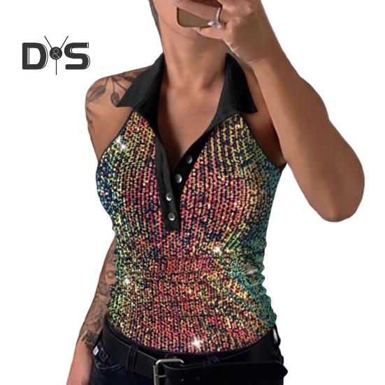 

Женский жилет с V-образным вырезом и лацканами, без рукавов, топы с открытыми плечами, блестящие топы с пайетками, одежда для праздников, вечеринок, клубов S разноцветный