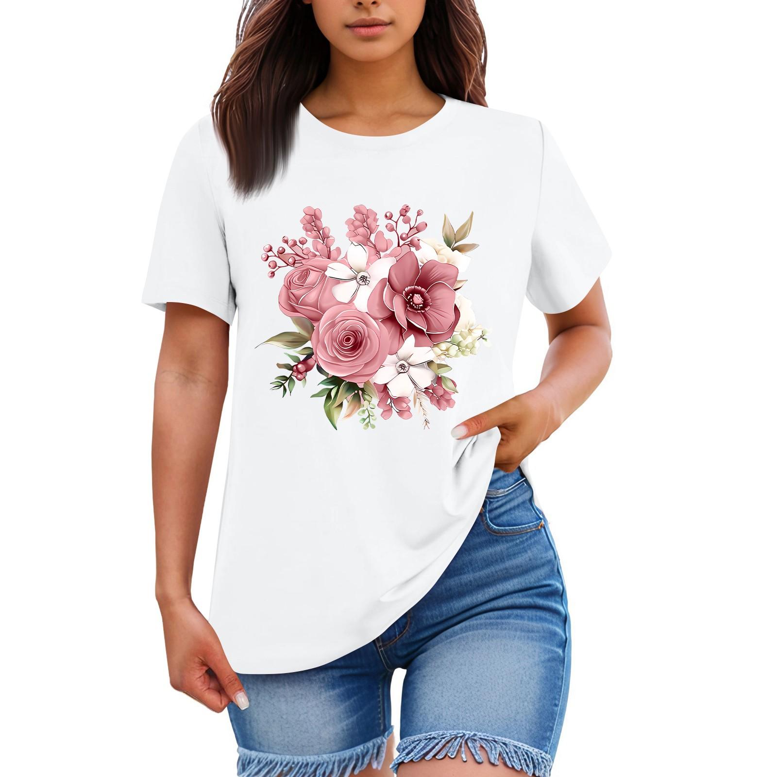 

Женская свободная удобная повседневная модная футболка с принтом растений и цветов, круглым вырезом и короткими рукавами XL белый