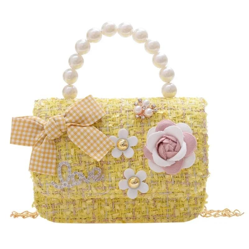 Girls Fashion Cotton Bag With Flower Pattern And Pearl Decor For Outings Casual