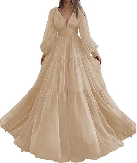 Tulle Princess Ball Dress V-Neck Long