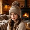 Machine Washable Winter Caps Knitted Hat for Women Cold Weather Fleece Lined with Pom Thermal Beanies Pom Chunky Snow Hat Soft Ribbed Knit
