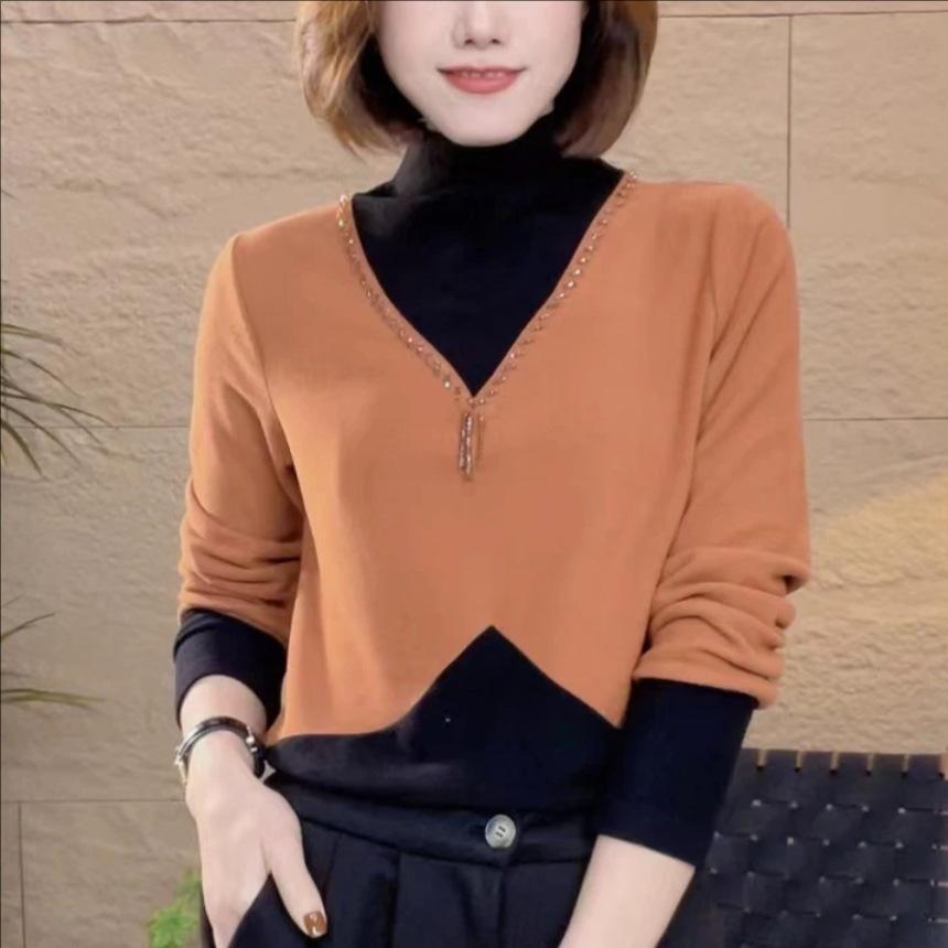 

Ранняя весна, новая, с длинными рукавами и полувысоким воротом, универсальная модная футболка, тонкая и теплая, тонкий базовый топ для женщин 4XL оранжевый