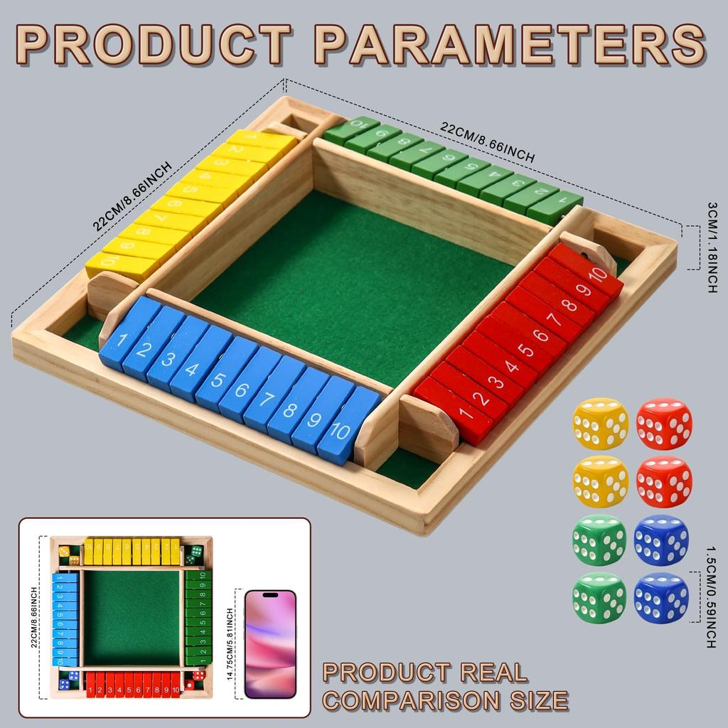 AIUAZA Dice Game Close the Box Wooden Board Game 4 Sides Family Math Game for Players Educational Learning Interactive Game Classic Tabletop Game for