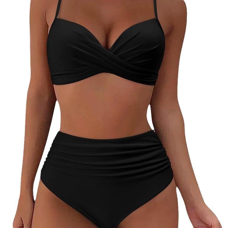 Women's Swimsuit Solid Color Pleated High Waist Sexy Bikini Tankini Beach Wear