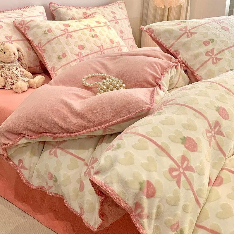 Thickened Milk Fleece Bed Four-Piece Coral Fleece Bedding Dormitory Bed Sheet Quilt Cover Three-Piece Bed Hat 1.2m 3pc 150x200 quilt