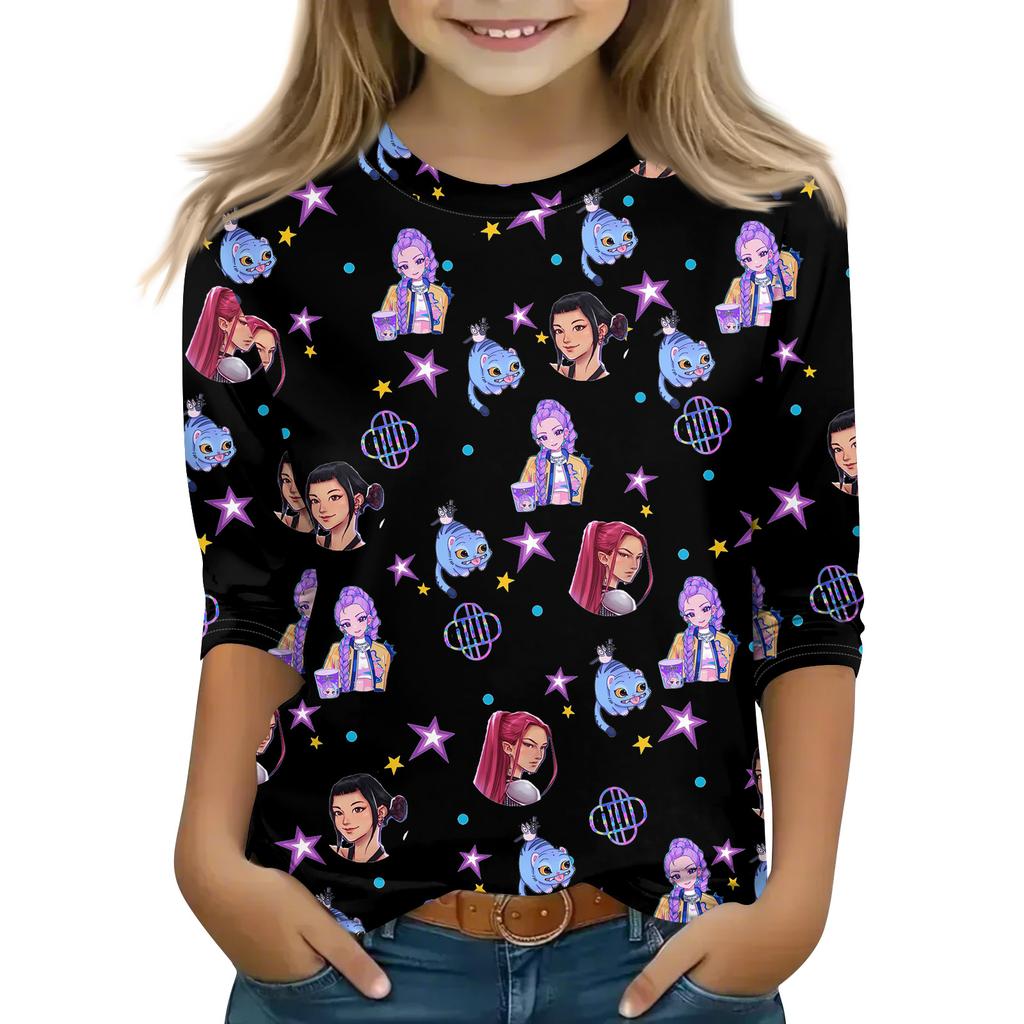 Druck-Tops für junge Mädchen 4-11 Jahre Rundhals 3/4-Ärmel T-Shirts Trendige Tops Outfit T-Shirts