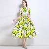 Summer Women Designer Print Runway Dress Elegant Turn-down Collar Office Work Midi Lace-up Shirt Dresses