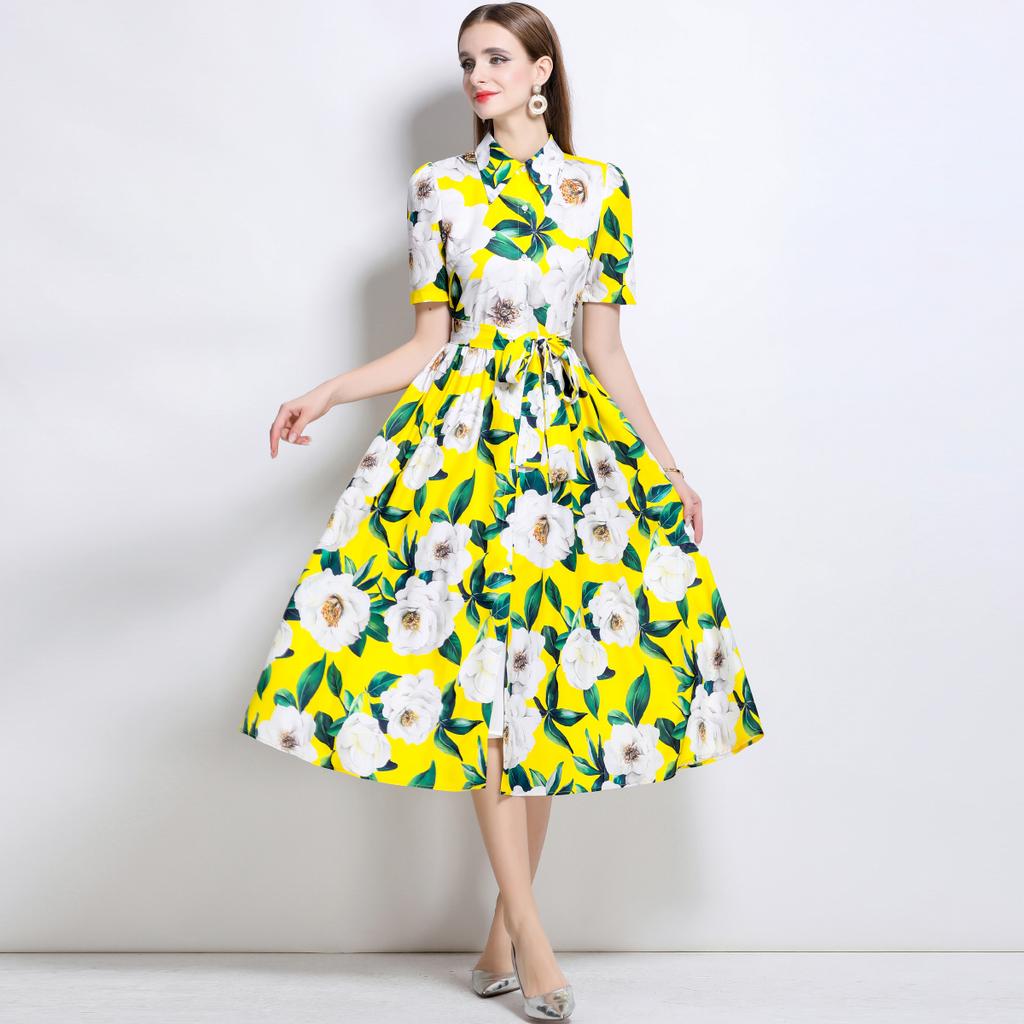 Summer Women Designer Print Runway Dress Elegant Turn-down Collar Office Work Midi Lace-up Shirt Dresses