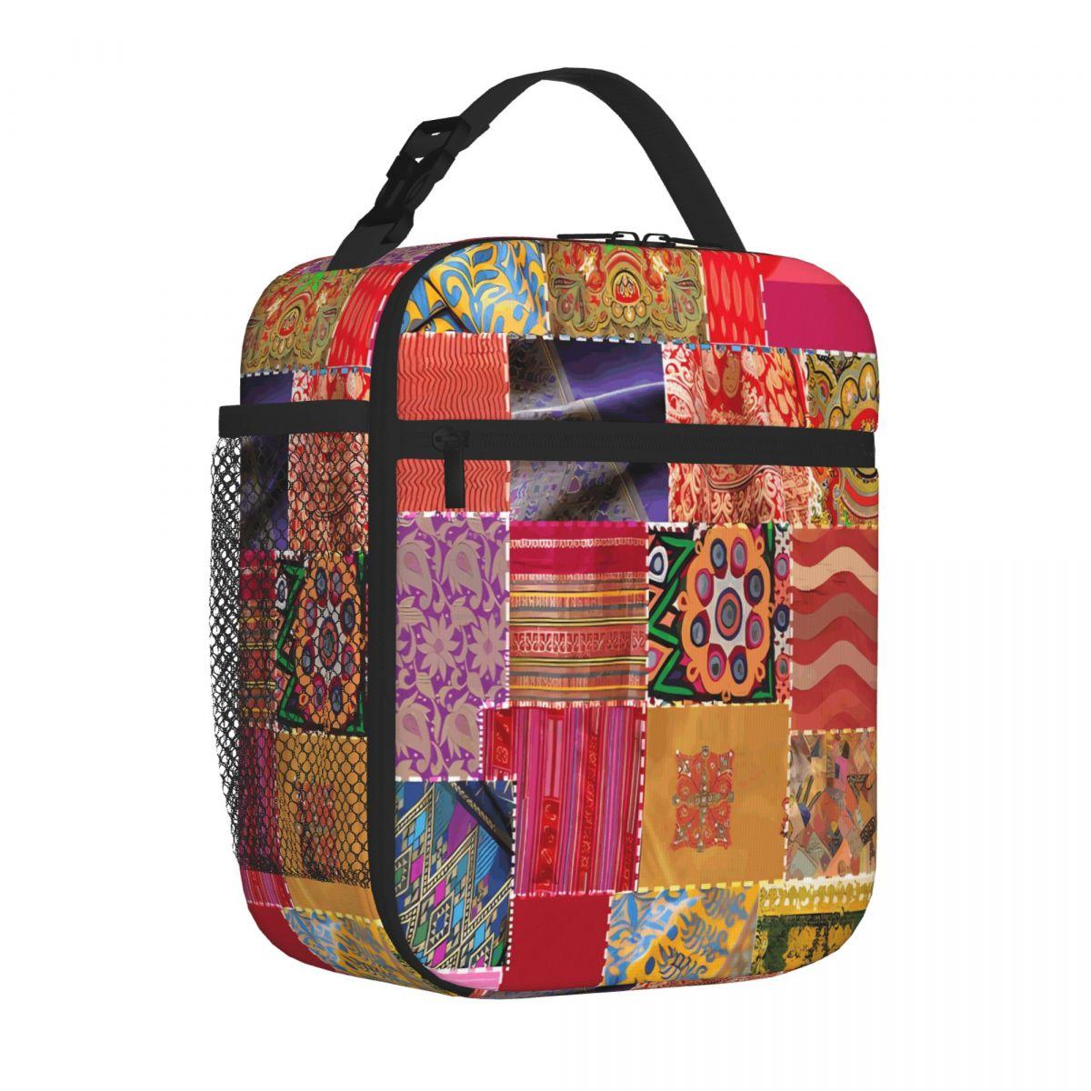 Bestselling Boho Art Sari Patchwork Quilt Transparent Detail Nylon Lunch Bag Outdoor Construction Foldable Lunch Bag One Size