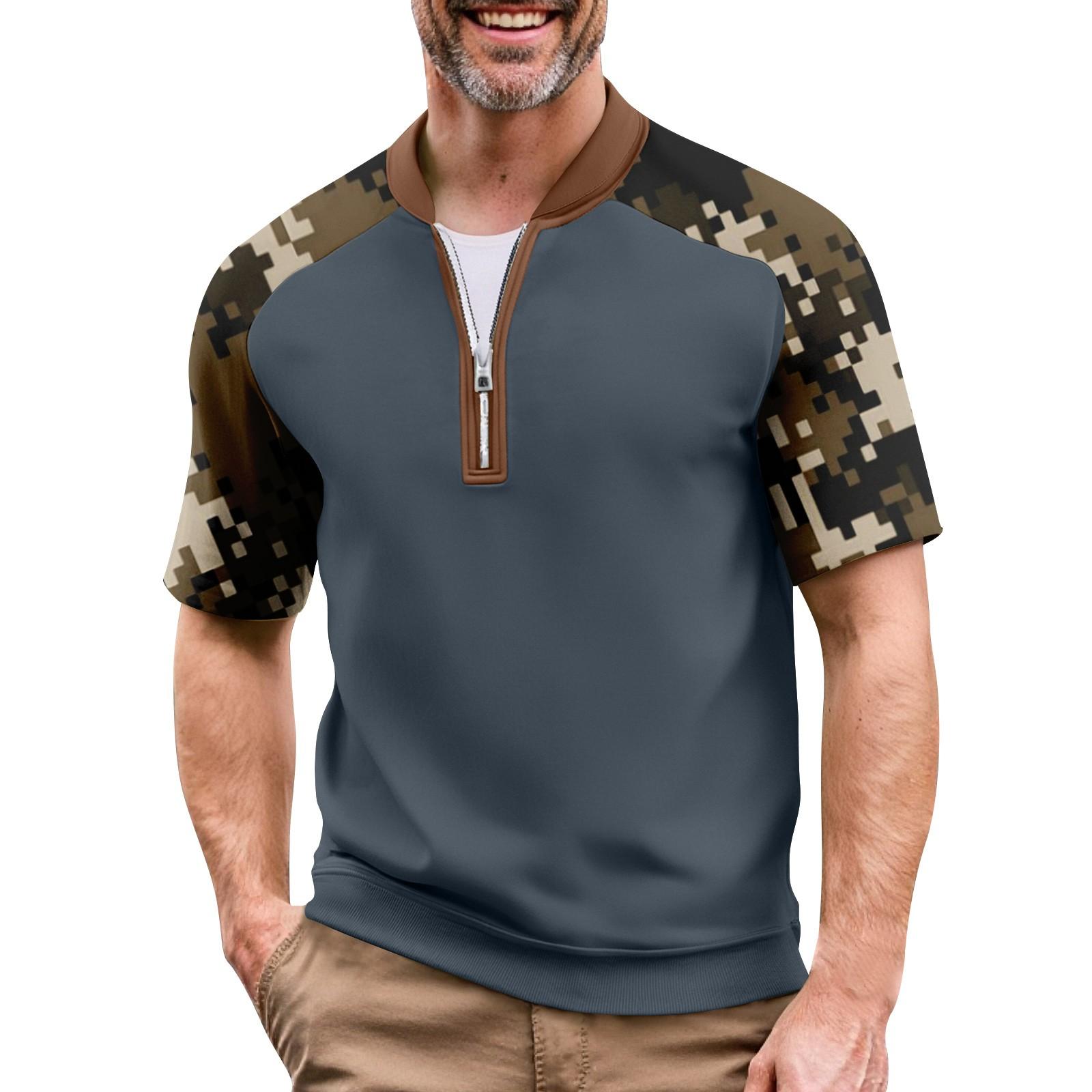 

Мужская летняя футболка камуфляжной расцветки в стиле кэжуал, спортивный дышащий топ с воротником на молнии L кофейный
