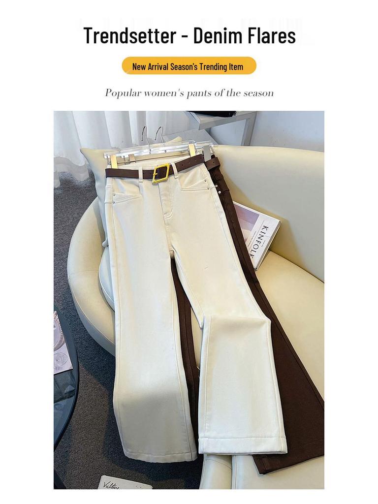 Women's White Velvet Cropped Jeans - Autumn/Winter 2025 Collection, Thickened Slimming Wide-Leg Pants for Petite Women