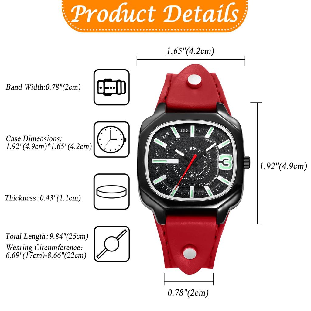 Unisex Square Wristwatch with Leather Waterproof Analog Quartz Genuine Punk Fashion Watch Perfect Gift for and Day Strap Movement, Leather, -