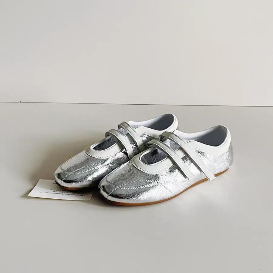 

Женские туфли из овчины, увеличивающие рост, серебристые туфли Мэри Джейн на липучке, универсальные туфли на плоской подошве с круглым носком, женские балетки 39