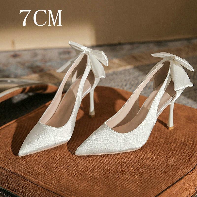 2024 Spring And Summer New White Pointy High Heels Ladies Thin Heel Single Shoes Butterfly Wedding Shoes Small Bride Shoes