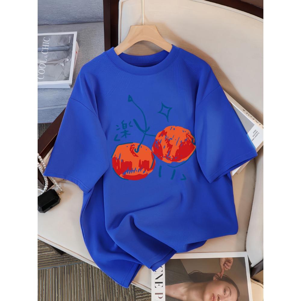 Cherry Pattern Printed Women's T-shirt Casual Sports Round Neck Short Sleeved Breathable Summer T-shirt Street New Clothing