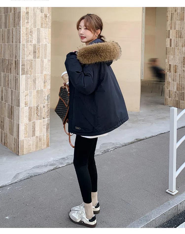 Damekåpe for høst og vinter Ensfarget Hette Pelskrage Kort Løs Fortykket Vindtett Fasjonabel Damejakke