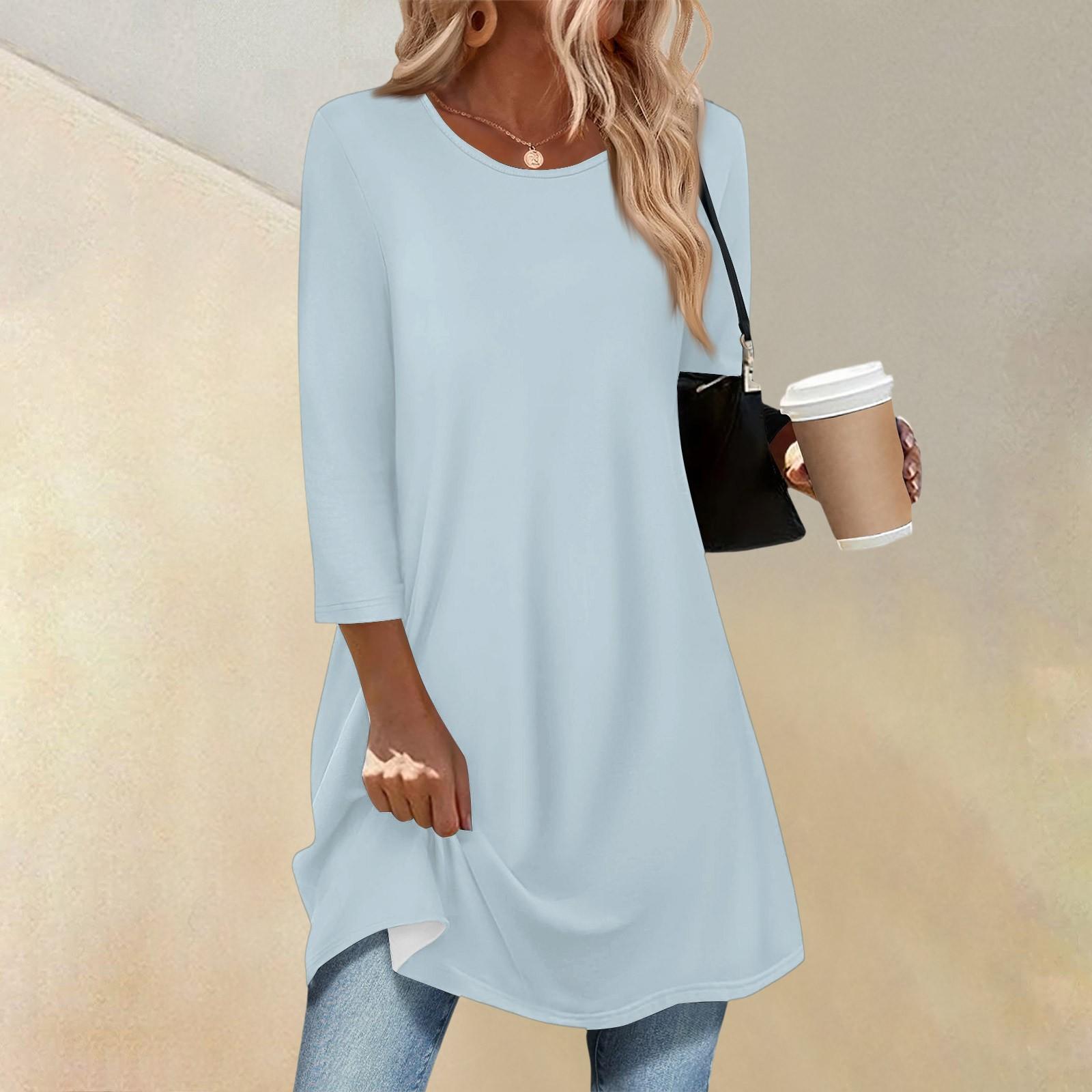 

Women s Fashion Casual Three-quarter Sleeve Long Solid Color Round Neck Top S