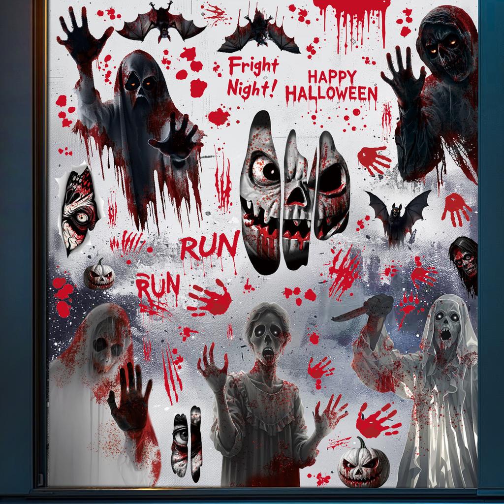 Hot Sale Halloween Decoration Horror Blood Handprint Glass Sticker Ghost Skull Static Sticker