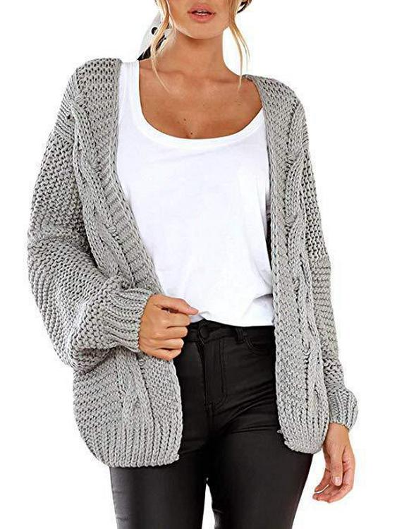 2026 Spring/Autumn Women's Mid-Length Chunky Cable Knit Cardigan - Solid Color, Casual & Loose Fit