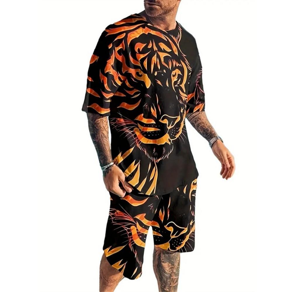 Men's New Animal Printed Breathable Round Neck T-shirt Shorts Set Outdoor Casual Two-piece Set
