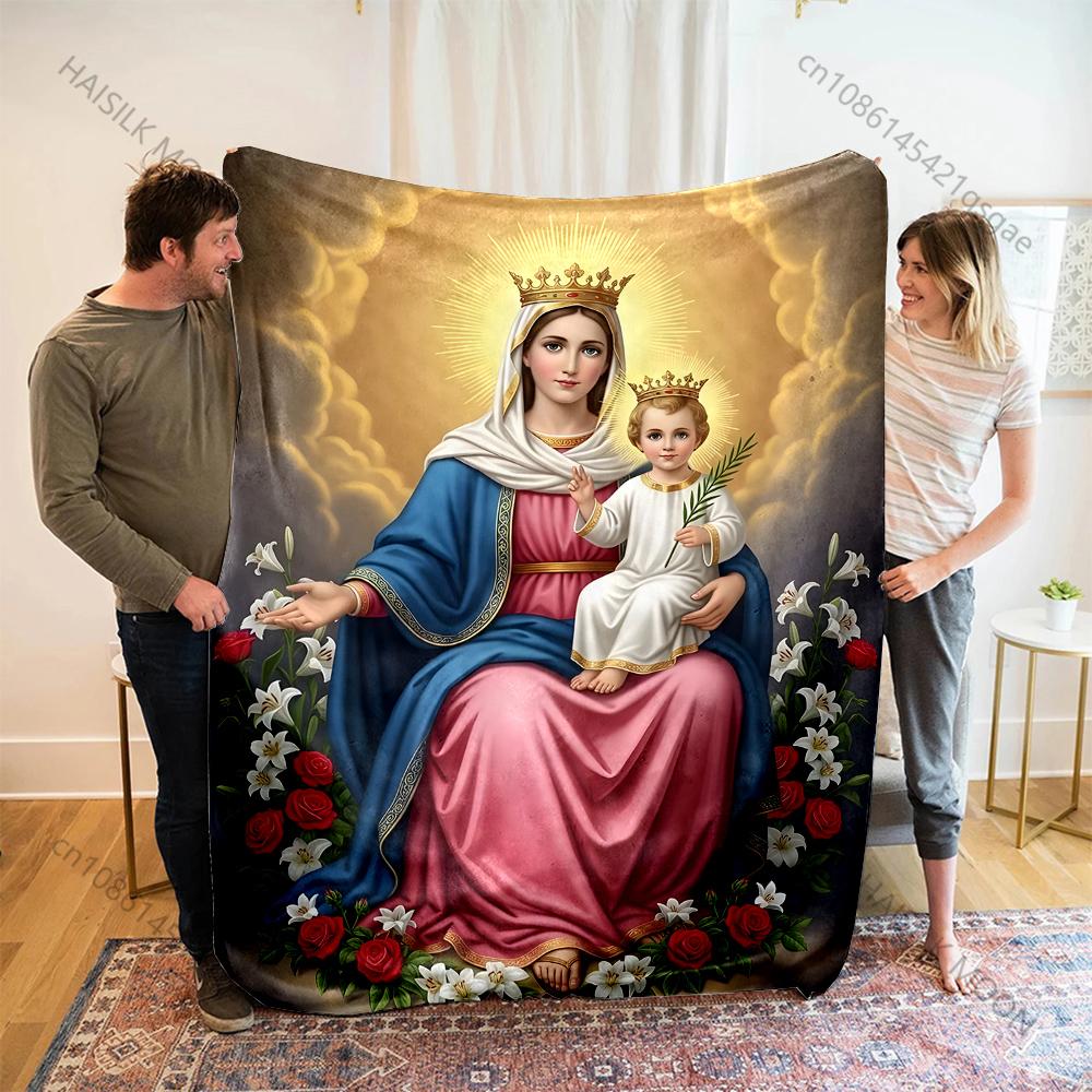 1PC Virgin Mary and Child Statue Print Believer Pray Blanket Warm Soft Flannel Material Suitable for All Seasons Luxurious Gift