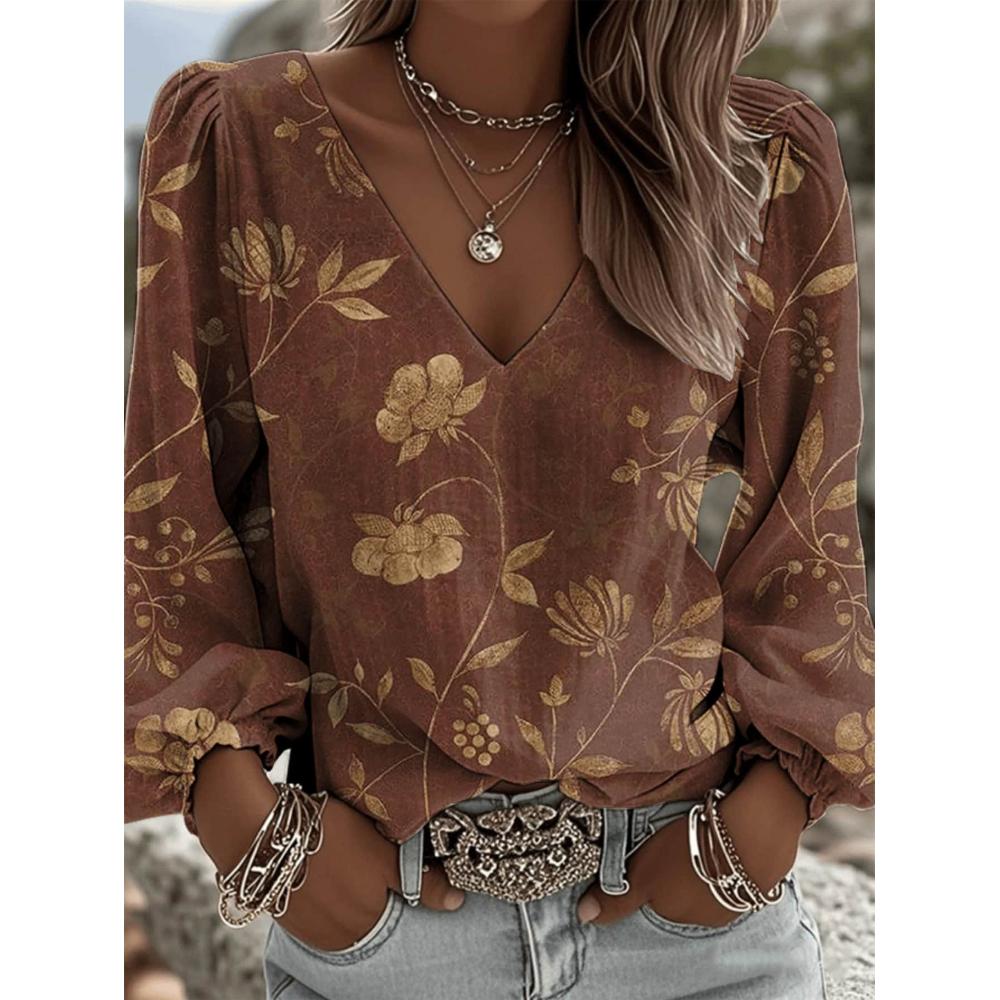 Women's Retro Bohemian Casual Fashion Floral Print V-Neck Long-Sleeved Shirt with Female Lantern Sleeves Design Long-Sleeved Shirt Elegant Top