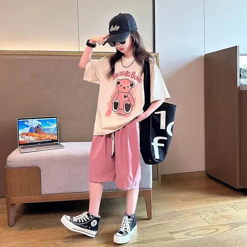 Girls Sports Two-Piece Summer Models Foreign Style Girls Big Girl Summer Short-Sleeved Suit Children's Casual T-Shirt Suit