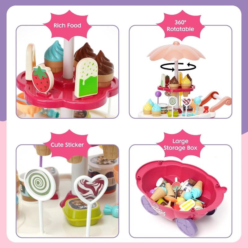 Ice Cream Toys Candy Cart Kids Play House Toys with Ice Cream Lollipop Music Rotatable Pretend Play Gift for Toddler Boys Girls