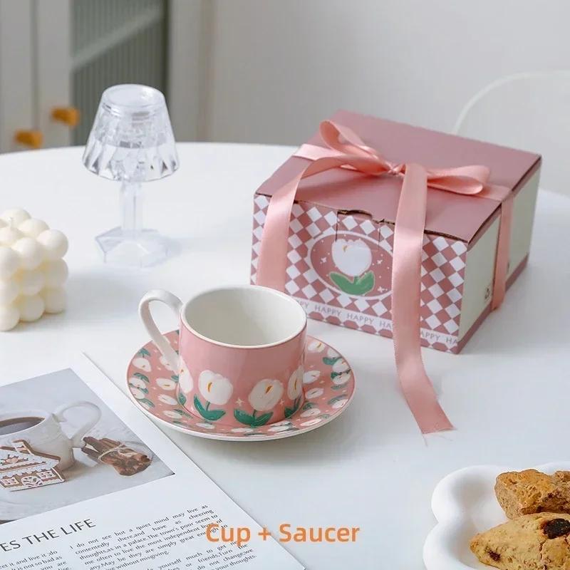Coffee Cup and Saucer Tulip Pattern Afternoon Tea Cup Breakfast Milk Mug Dessert Plate Table Decoration Drinking Utensil Gifts