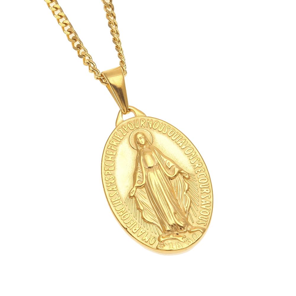 Stainless Steel Necklace Punk Women Men Fashion Gold Color Chains Virgin Mary Pendant Cross Medallion Religious Jewelry