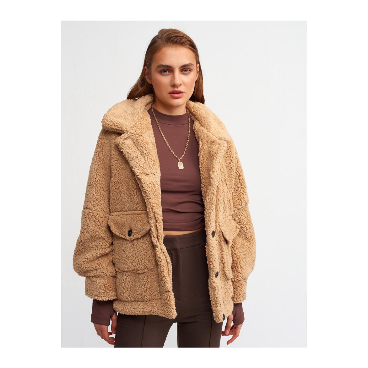 

6821 Плюшевое Пальто-темно-Бежевый M/L