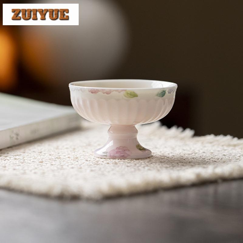 80ml Hand-painted Floral High Foot Teacup Aesthetic Tea Bowl Tea Pair Tea-tasting Meditation Cup Jianzhan Master Cups Tea Items