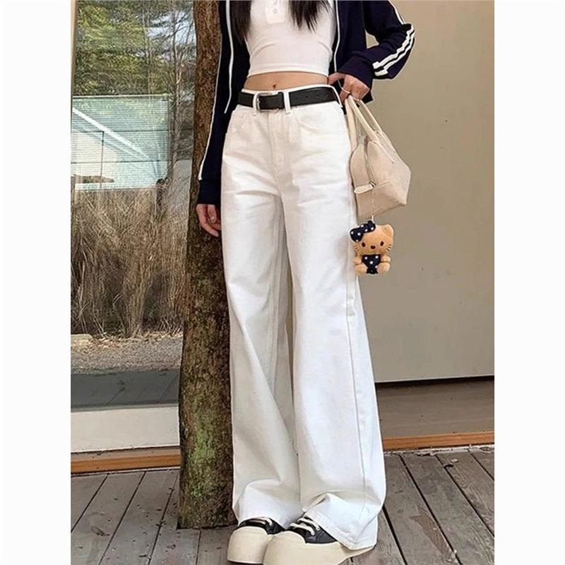 Women's High Waist White Retro Straight-Leg Jeans - Slimming, Versatile, Wide-Leg, Long Pants