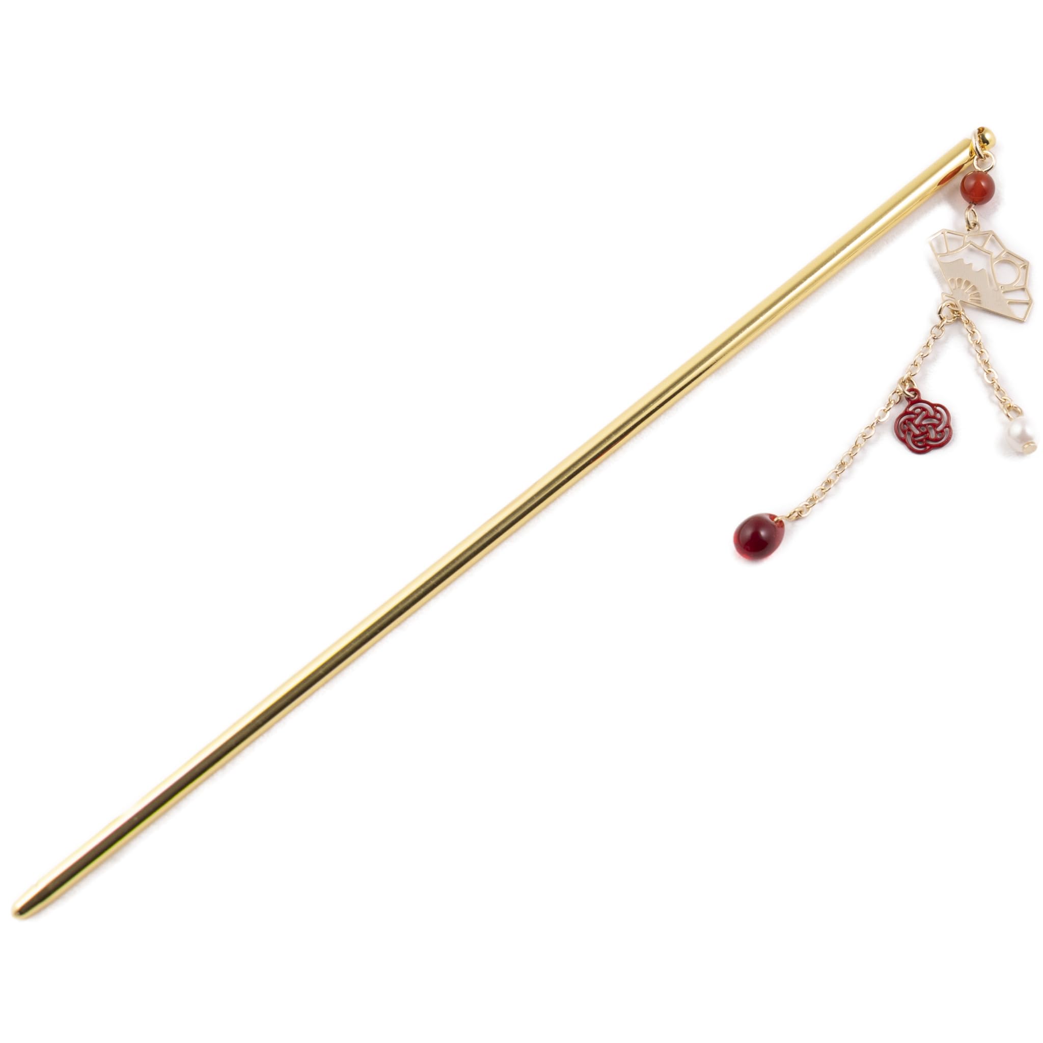 [Emplet Veil] A 15cm gold hair ornament featuring a fan depicting Mount Fuji and adorned with a chain featuring small mizuhiki flowers. A lovely