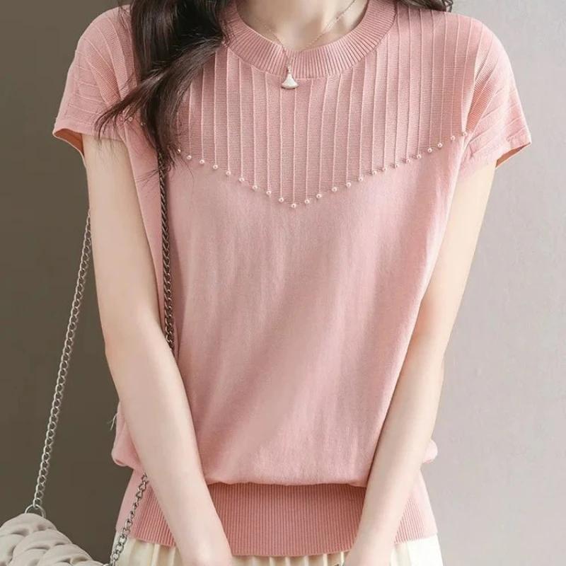 

Korean Fashion Summer Round Neck Short Sleeve T-shirt Women s Solid Patchwork Screw Thread Loose Versatile Top S