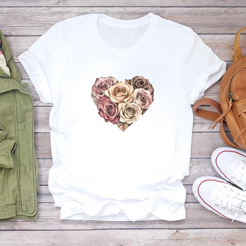 Fashionable summer T-shirt, cute printed design, short-sleeve trendy women's top.