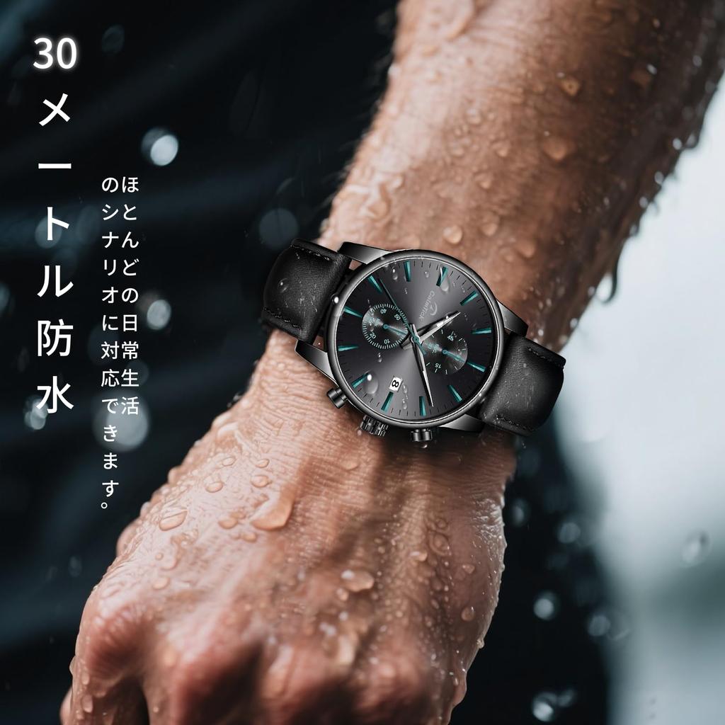 CalmTick Men's Watch, Large Dial, Quartz, Date Display, Waterproof, Luminous Hands, Chronograph Function, Fashionable Simple Popular Model (Black,