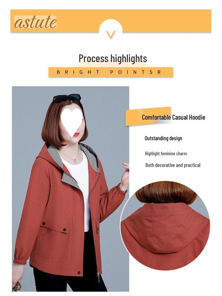 Women's Spring-Autumn Plus Size Hooded Windbreaker - Casual, Stylish, and Age-Reducing for Middle-Aged Women