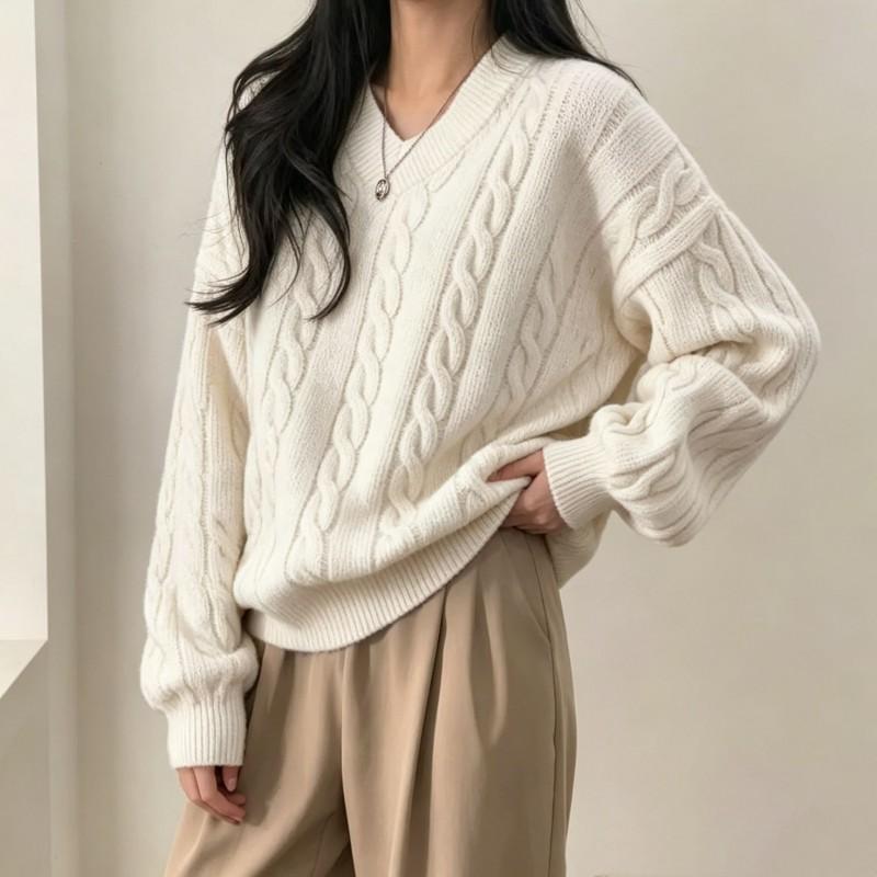 2026 Fall Winter V Neck Twist Knit Sweater Loose Soft Solid Color Pullover Women