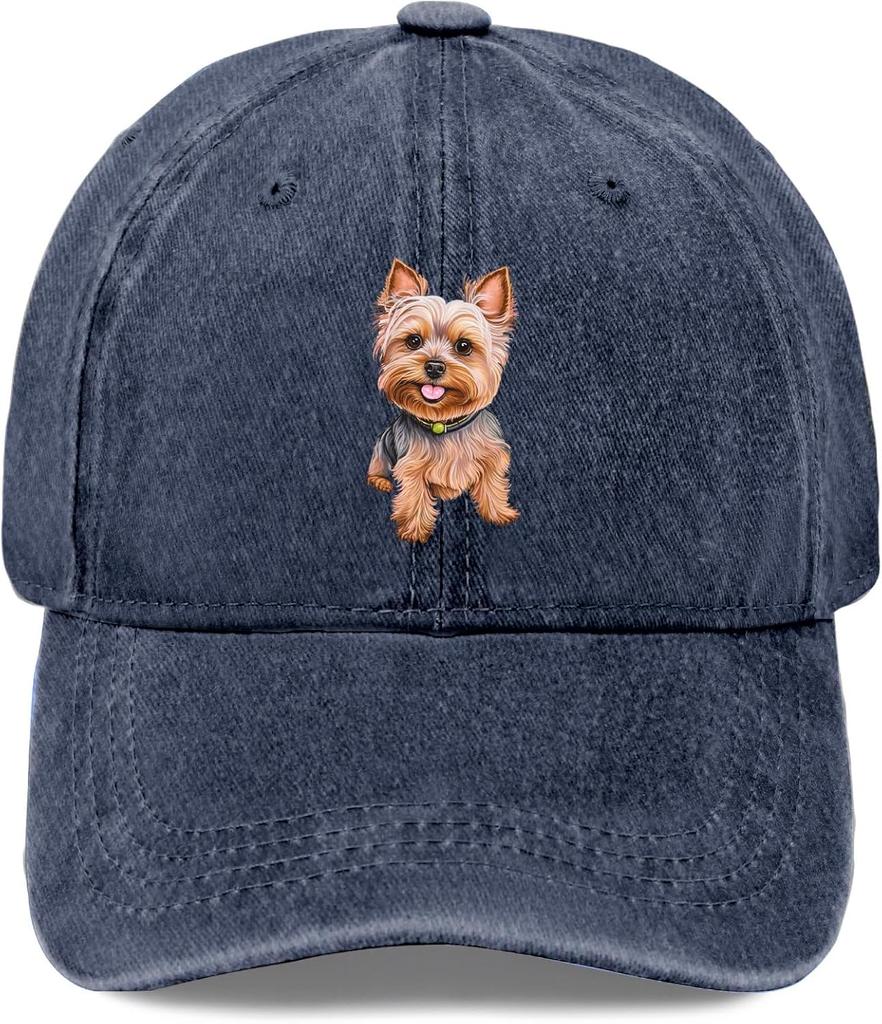 Yorkshire Terrier Dog Print Distressed Baseball Cap Soft Washed Adjustable Casual Outdoor Hat