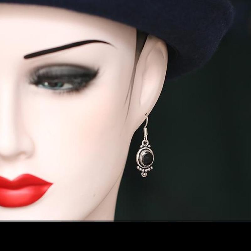 S925 Sterling Silver Indian Hand Inlaid Natural Black Agate Earrings