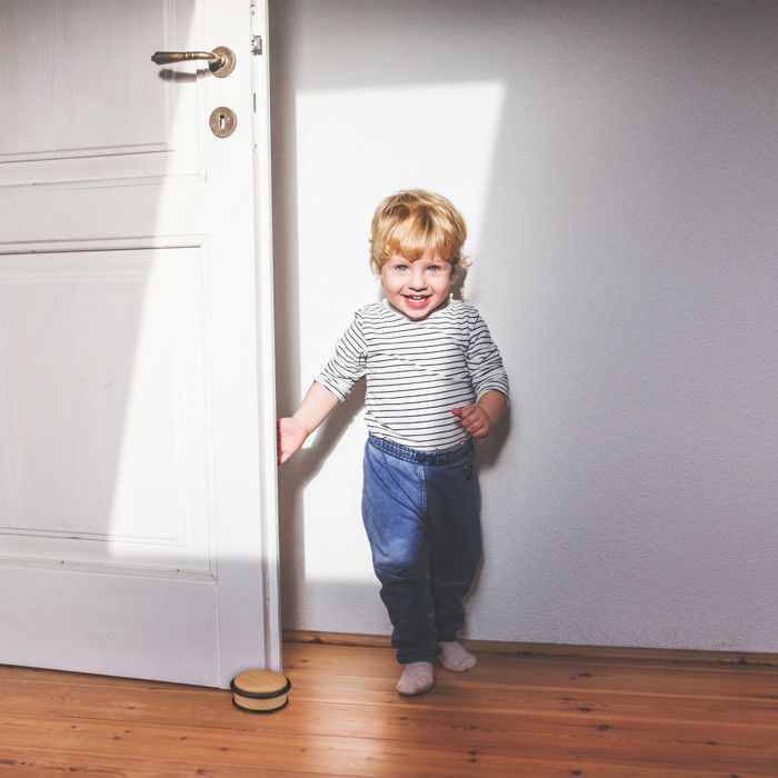 Relaxdays Door Stopper, Heavy Doors, Stainless Steel, Rubber, Flat, Wood Look HxD 5x10.5 Cm, Light Brown